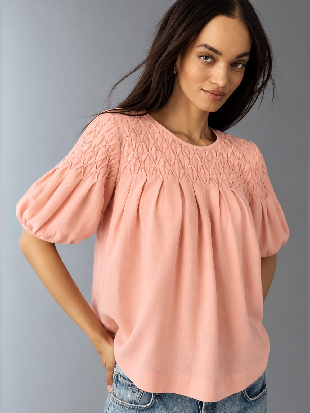 By Anthropologie Liza Linen Blend Smocked Top | Lobster Shell Peach | XL